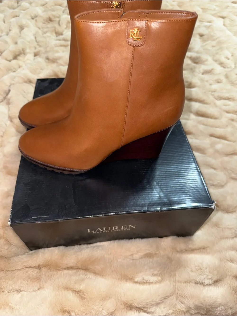 Lauren Ralph Lauren Cognac Leather Wedge Ankle Boots